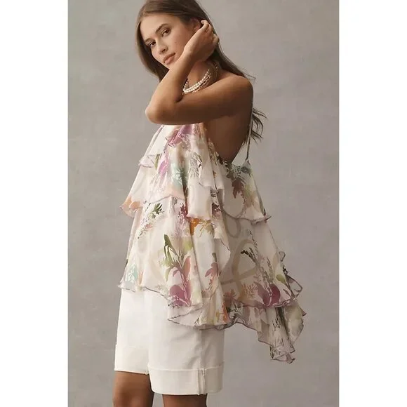 By Anthropologie Tiered Ruffled Blouse Chiffon Light Pastel Floral M - Picture 2 of 5